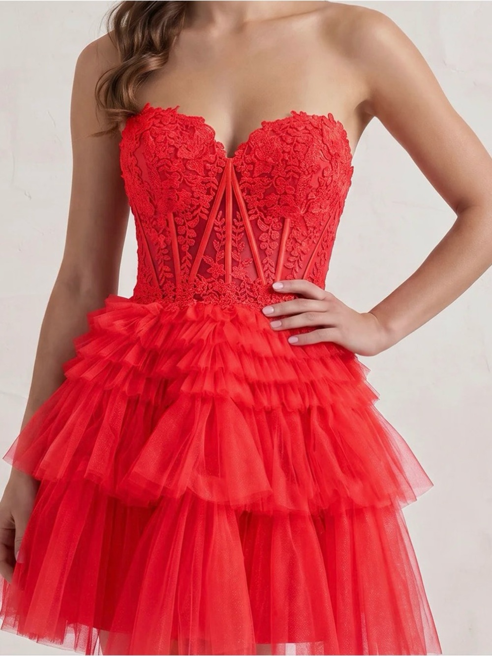Strapless Red Lace & Tulle Mini Dress hoco